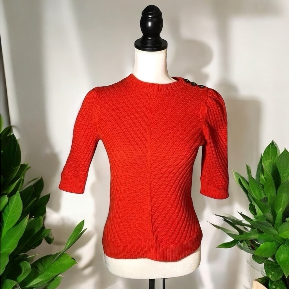Rebecca Taylor La Vie Red Ribbed Puff Sleeve Shoulder Button Sweater S
